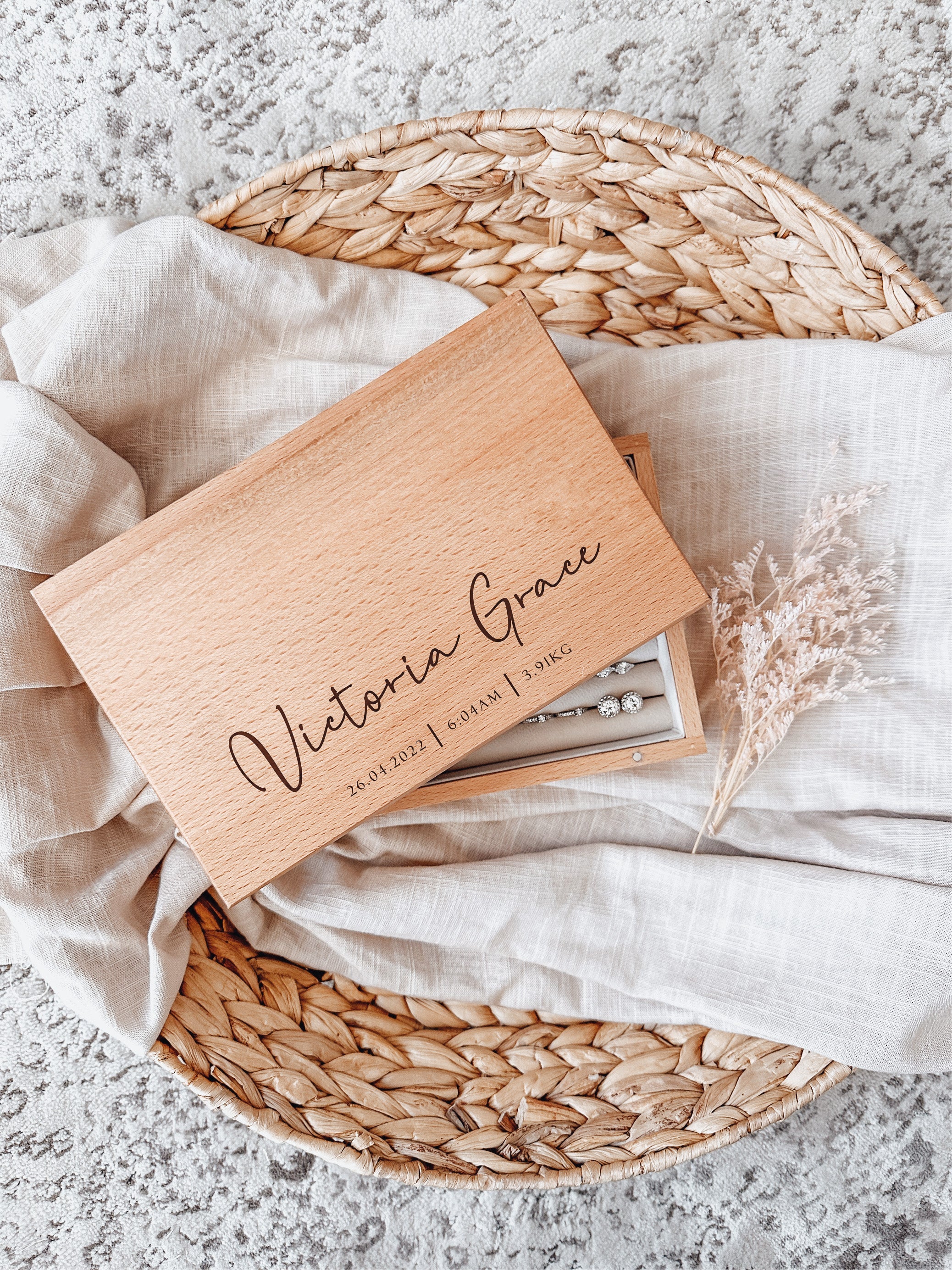 Wooden single or multilayer jewellery box - name with wording underneath