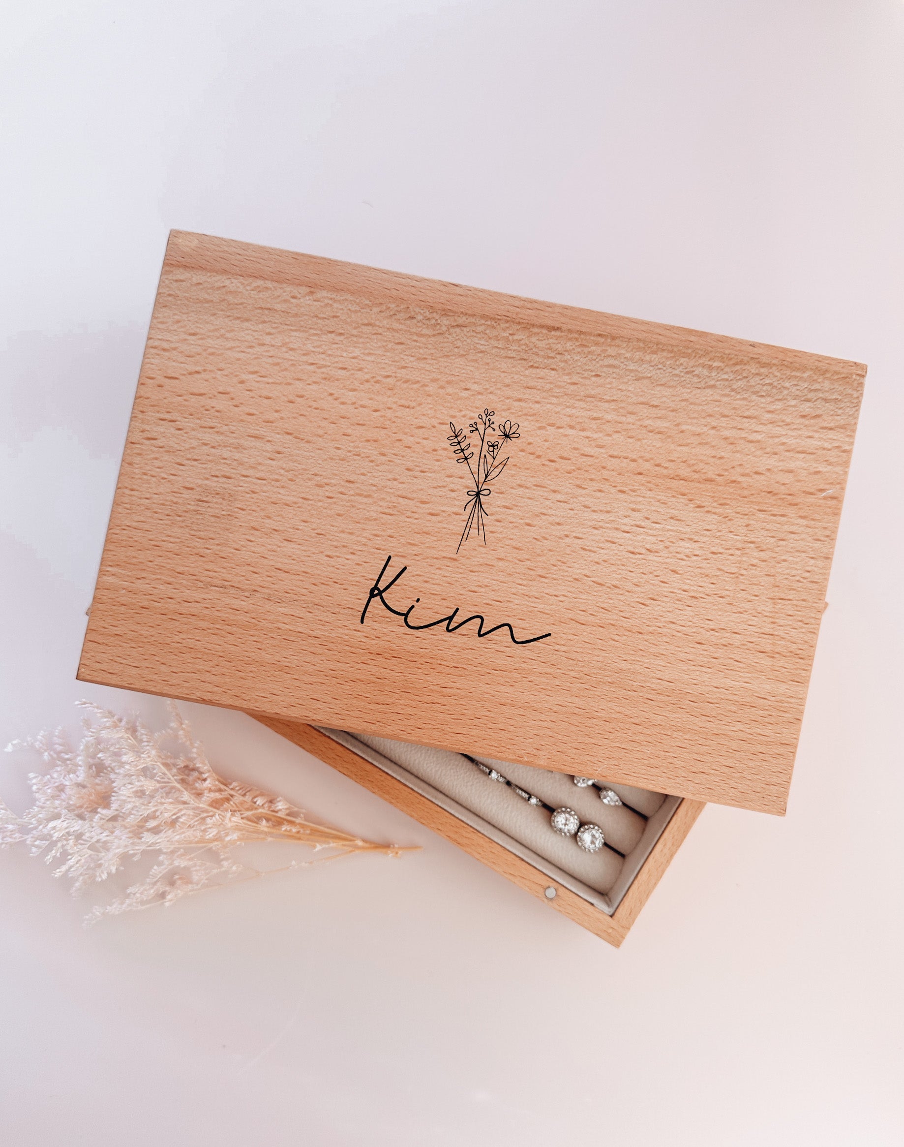 Wooden single or multilayer jewellery box - name with floral bunch above