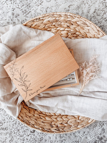 Wooden single or multilayer jewellery box - line art branches with wording underneath